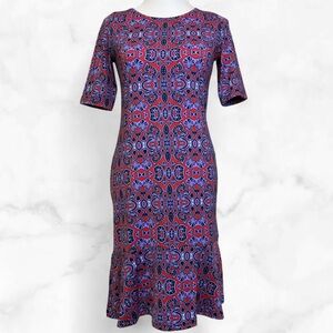 NWT Tracy Negoshian Purple Red Tara Dress Size XS Swirly Geo Stretch Ruffle Hem
